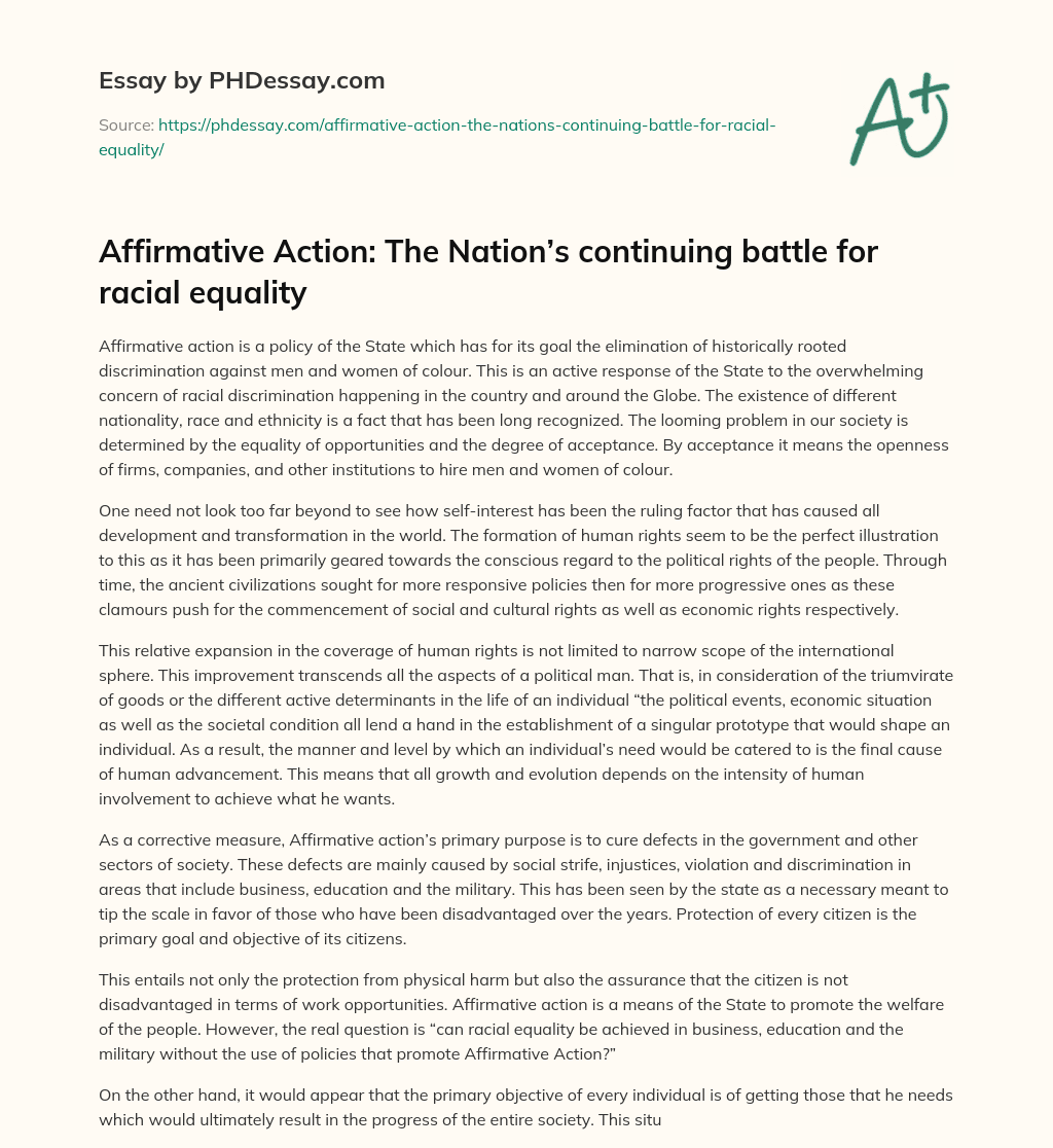 Affirmative Action: The Nation’s continuing battle for racial equality essay