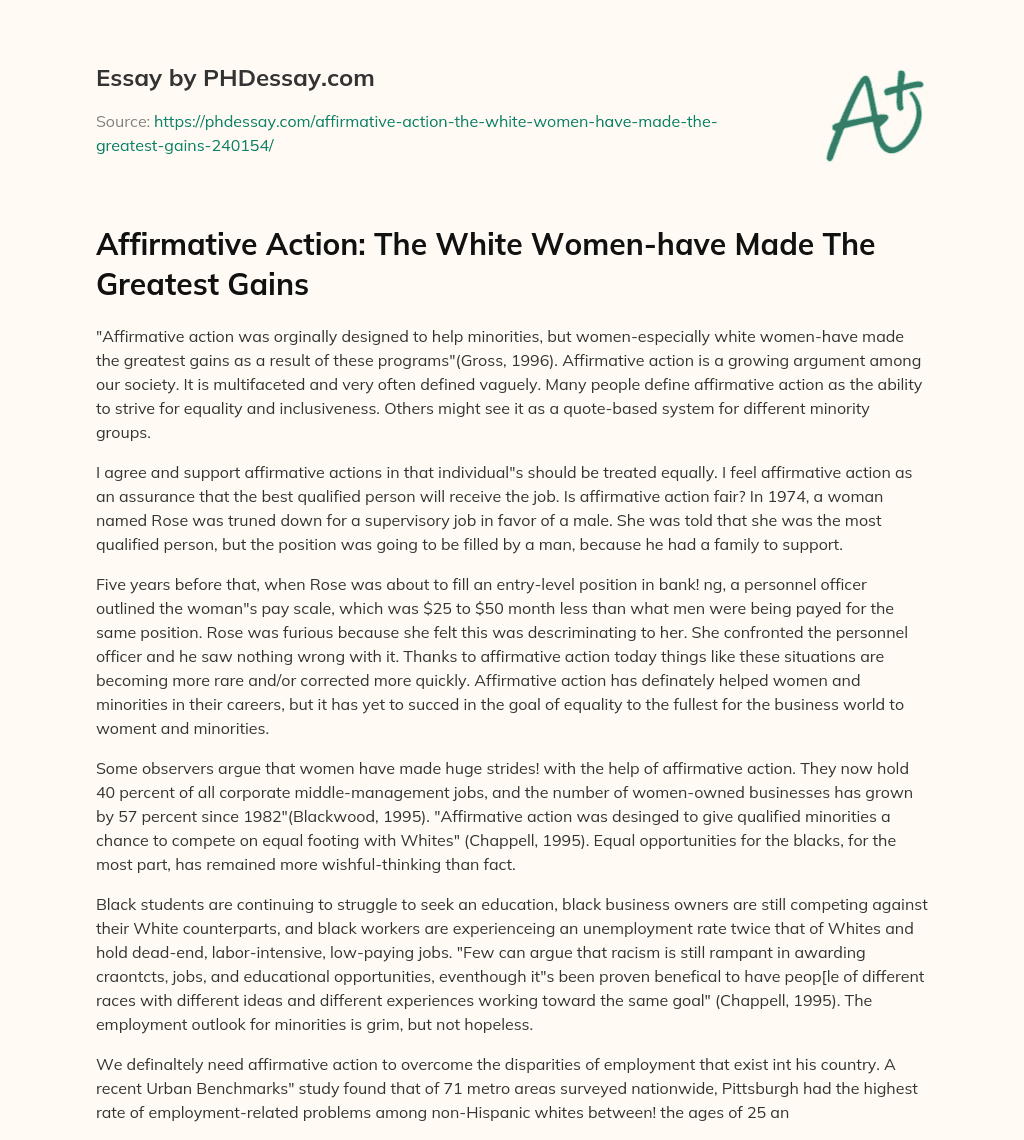 Affirmative Action: The White Women-have Made The Greatest Gains essay