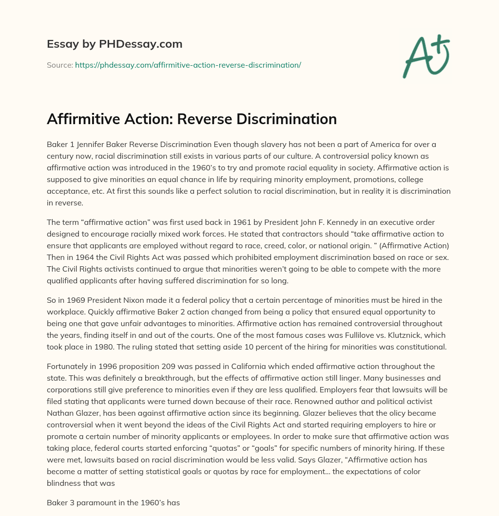 Affirmitive Action: Reverse Discrimination essay