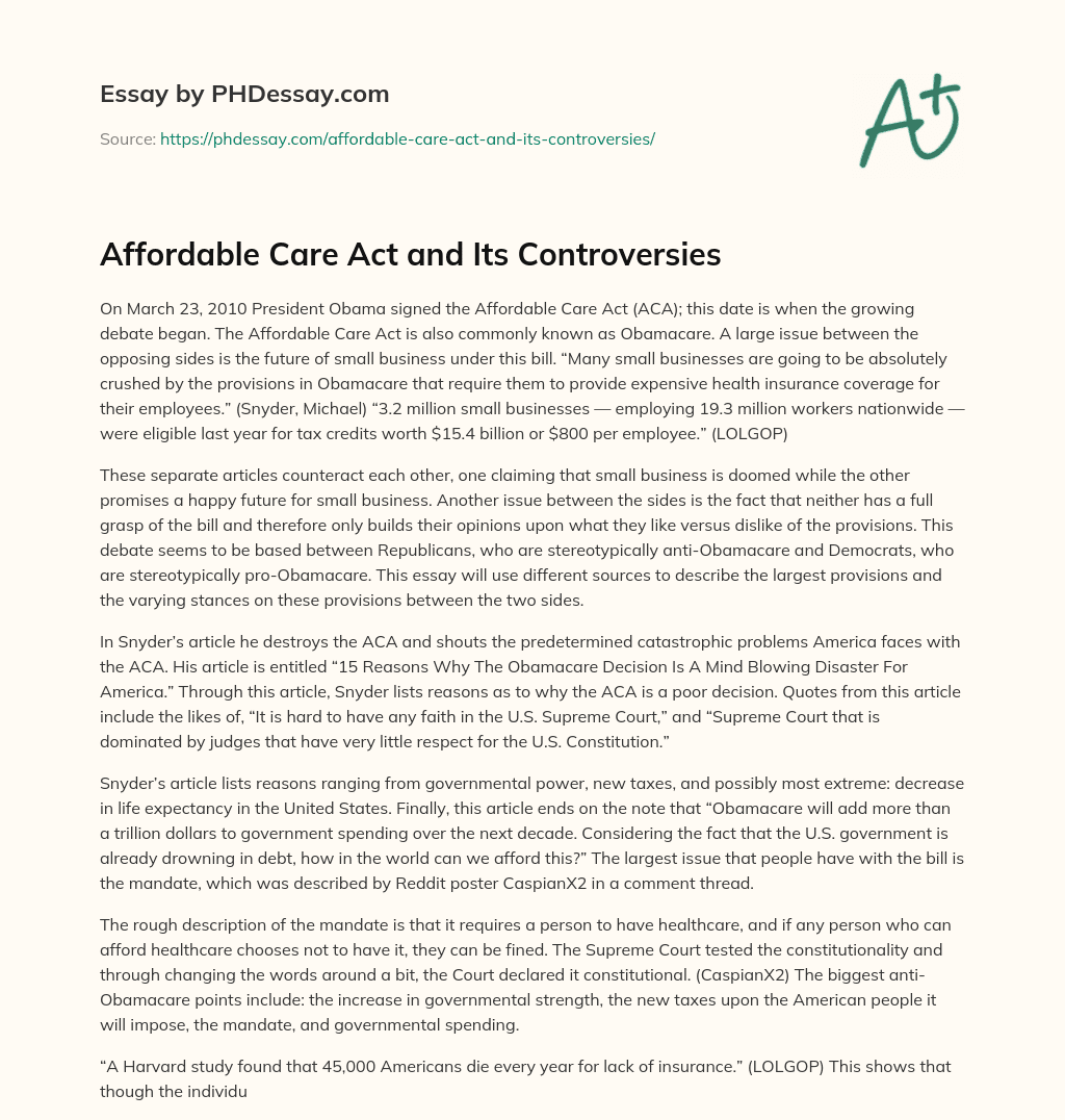 Affordable Care Act and Its Controversies essay