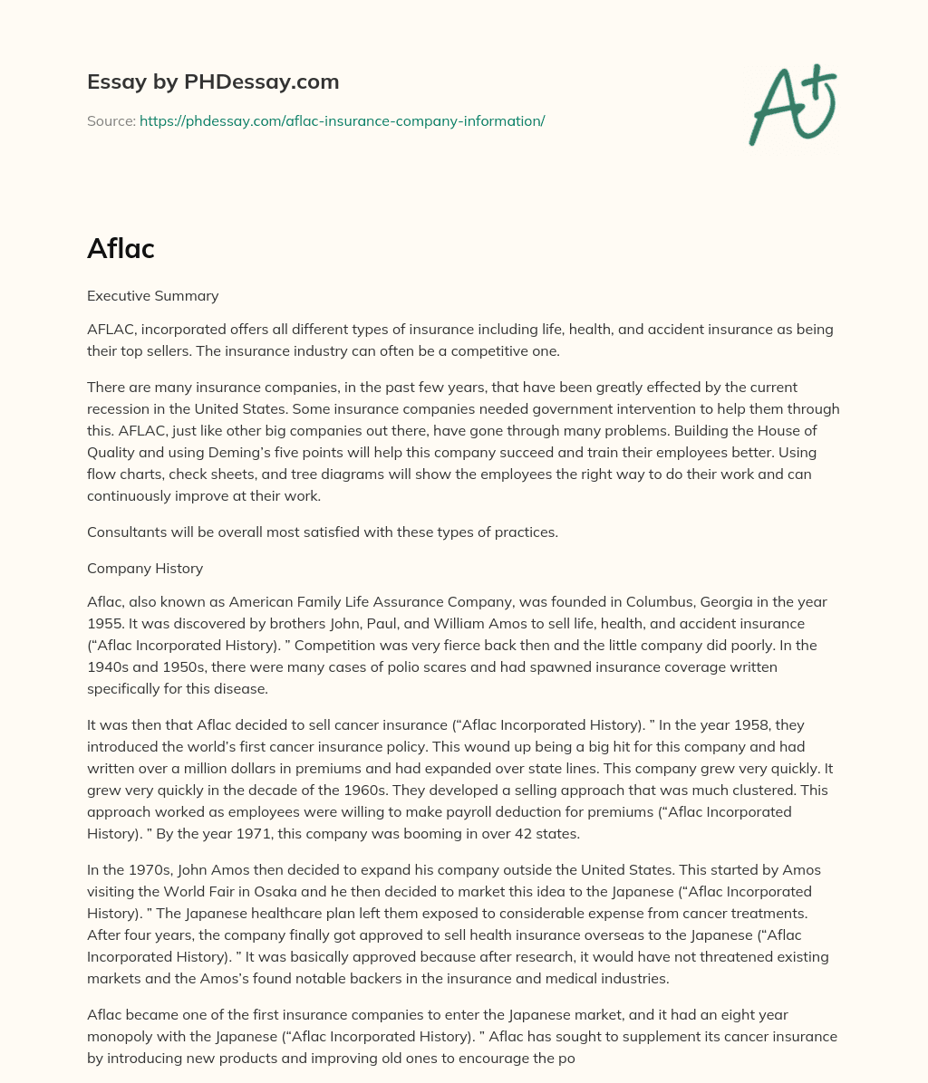 AFLAC: Offering Life, Health, and Accident Insurance in a Competitive Industry essay