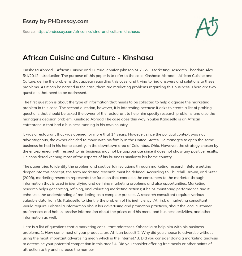 African Cuisine and Culture – Kinshasa essay