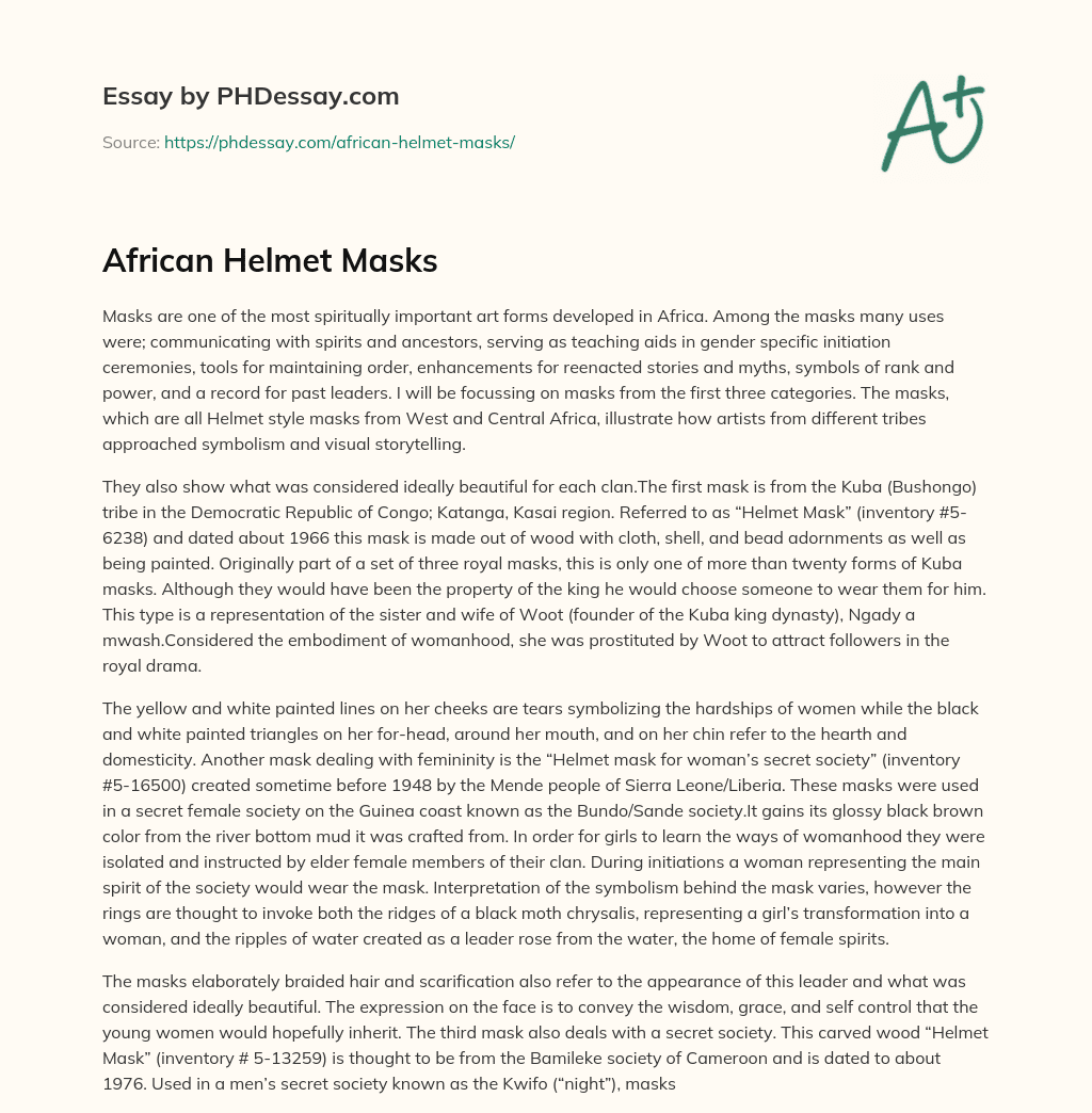 African Helmet Masks essay