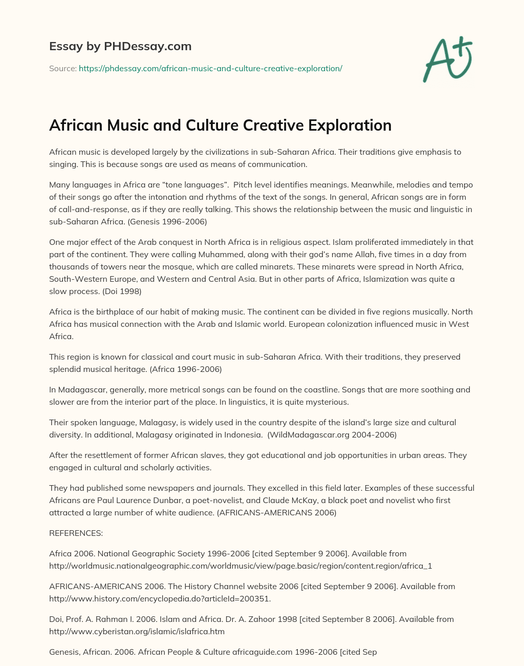 African Music and Culture Creative Exploration essay