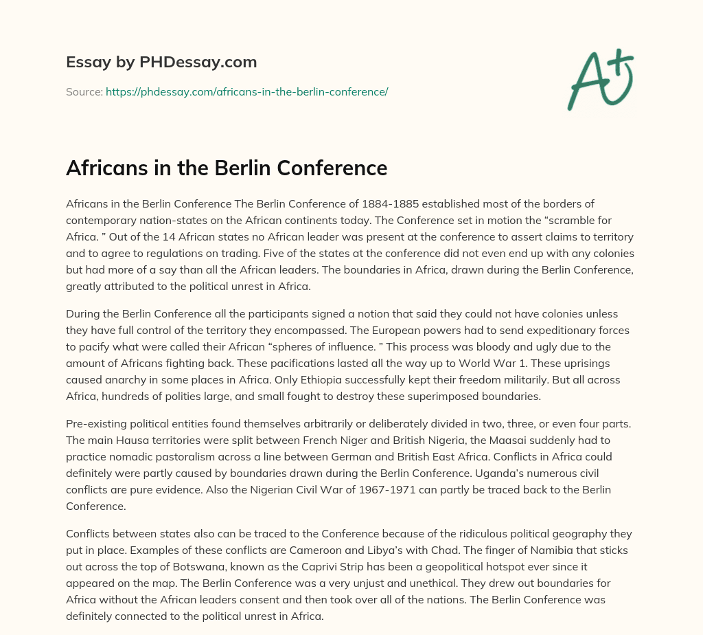 Africans in the Berlin Conference essay