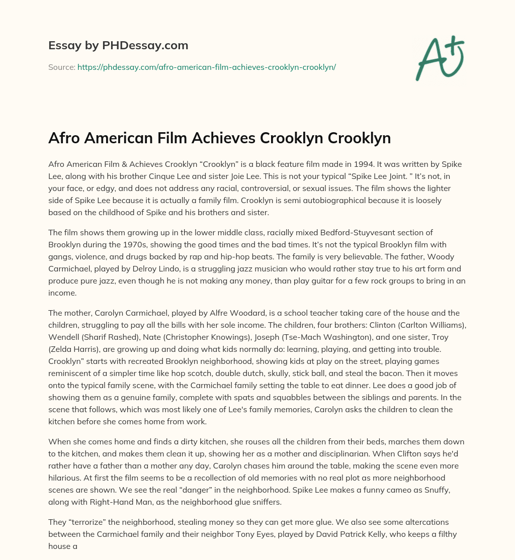 Afro American Film Achieves Crooklyn Crooklyn essay