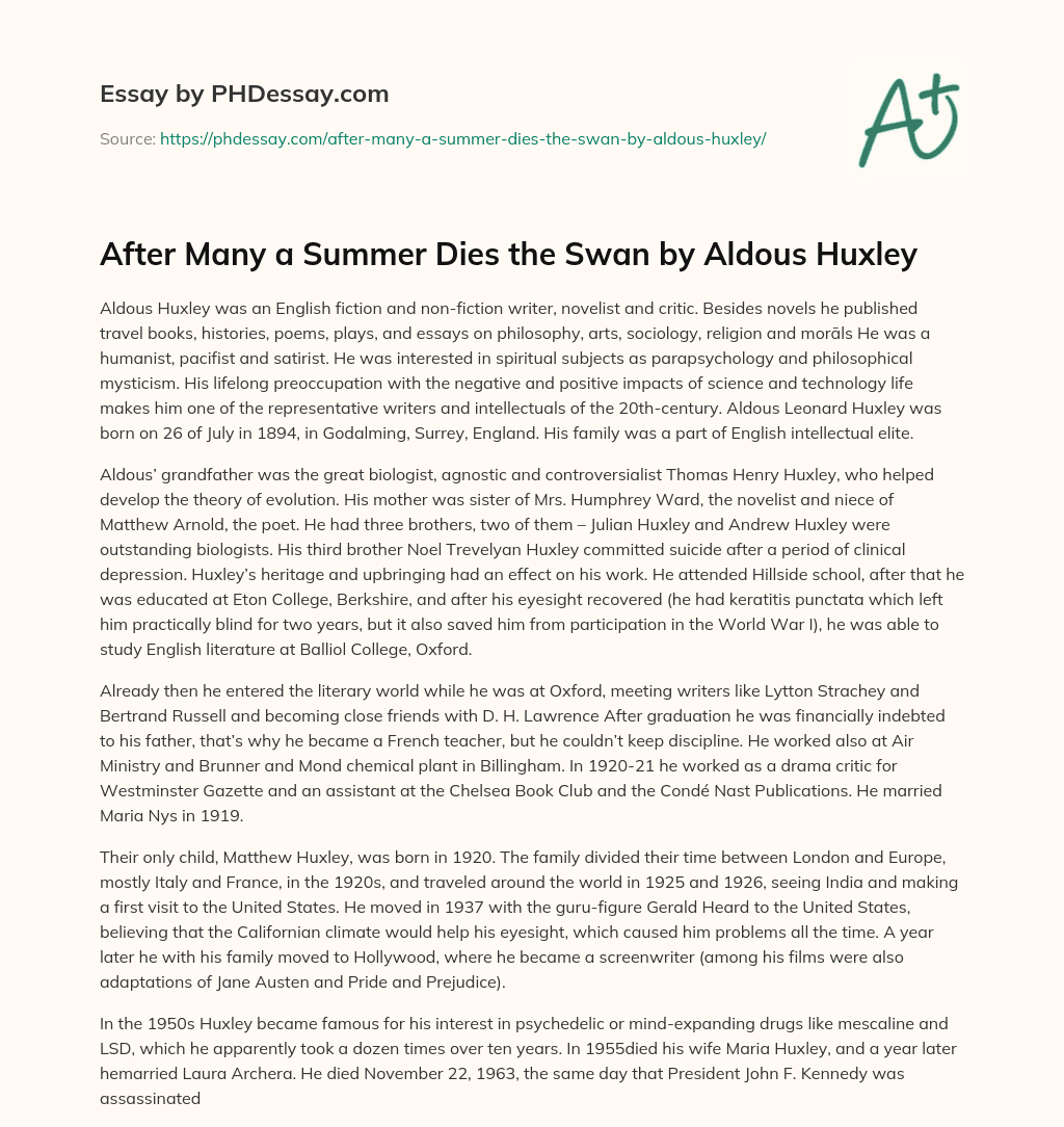 After Many a Summer Dies the Swan by Aldous Huxley essay