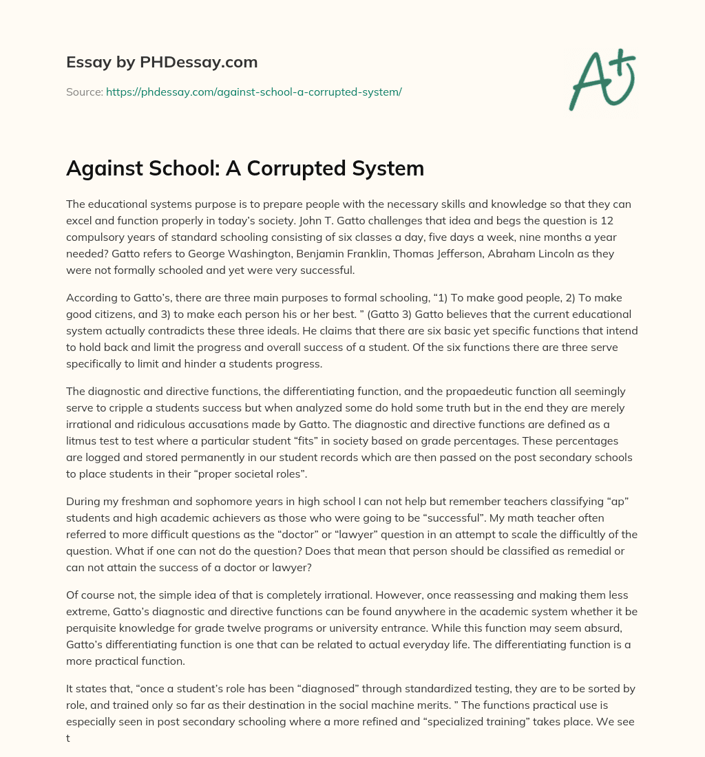 Against School: A Corrupted System essay