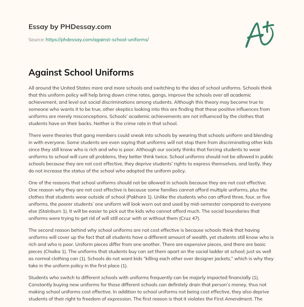 thesis statement against school uniforms