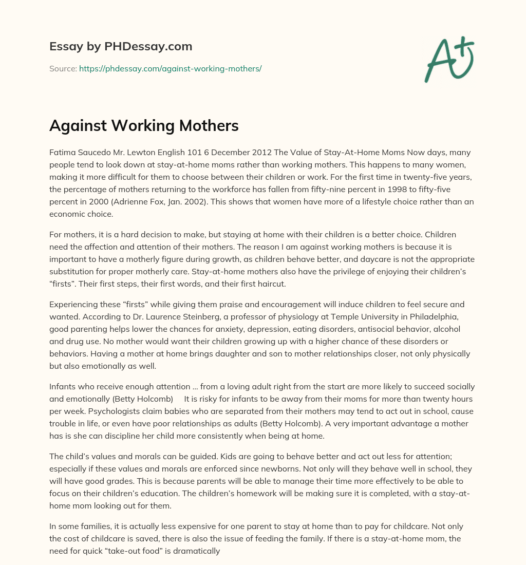 Against Working Mothers essay