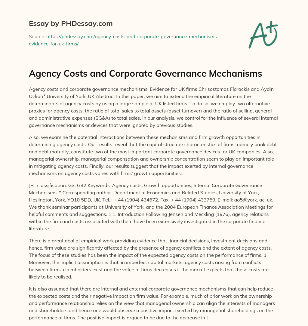 Agency Costs and Corporate Governance Mechanisms essay
