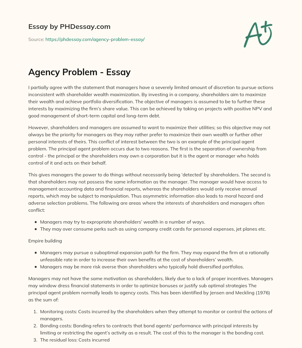 The Principal-Agent Problem in Shareholder Wealth Maximization essay