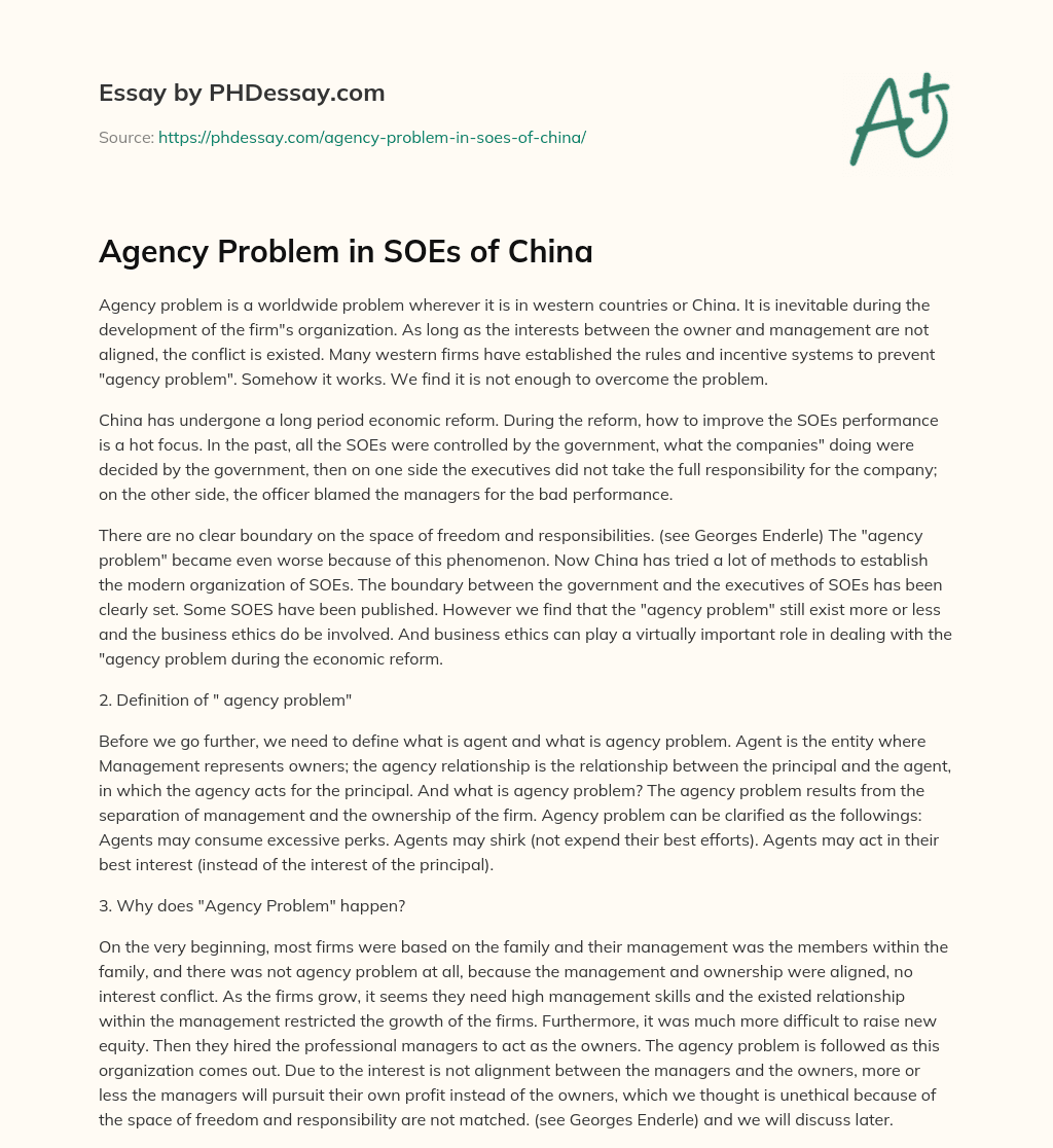 Agency Problem in SOEs of China essay