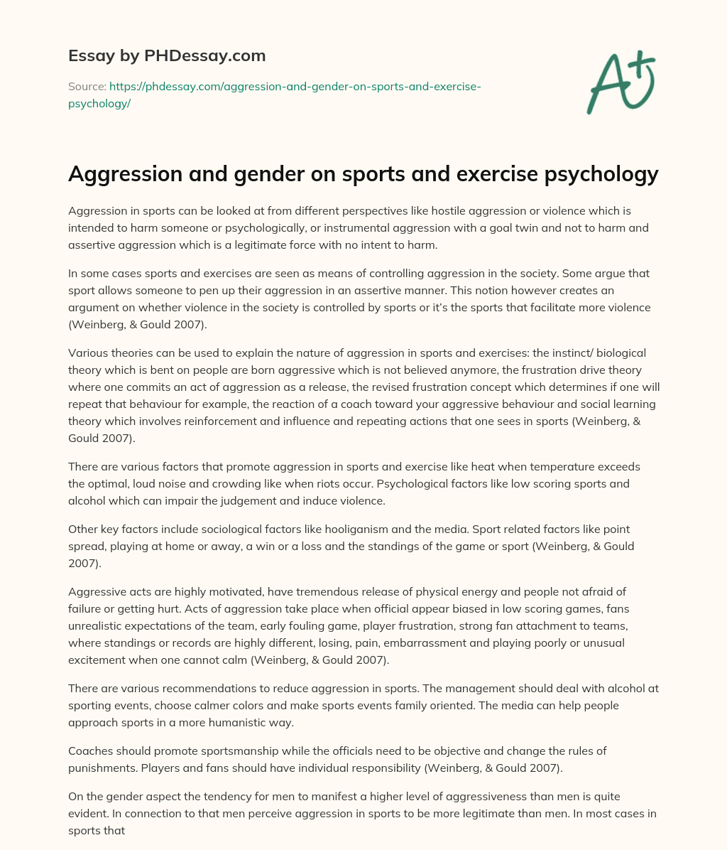 Aggression and gender on sports and exercise psychology essay