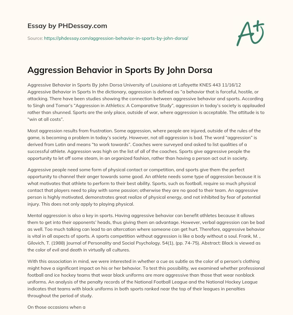 Aggression Behavior  in Sports By John Dorsa essay