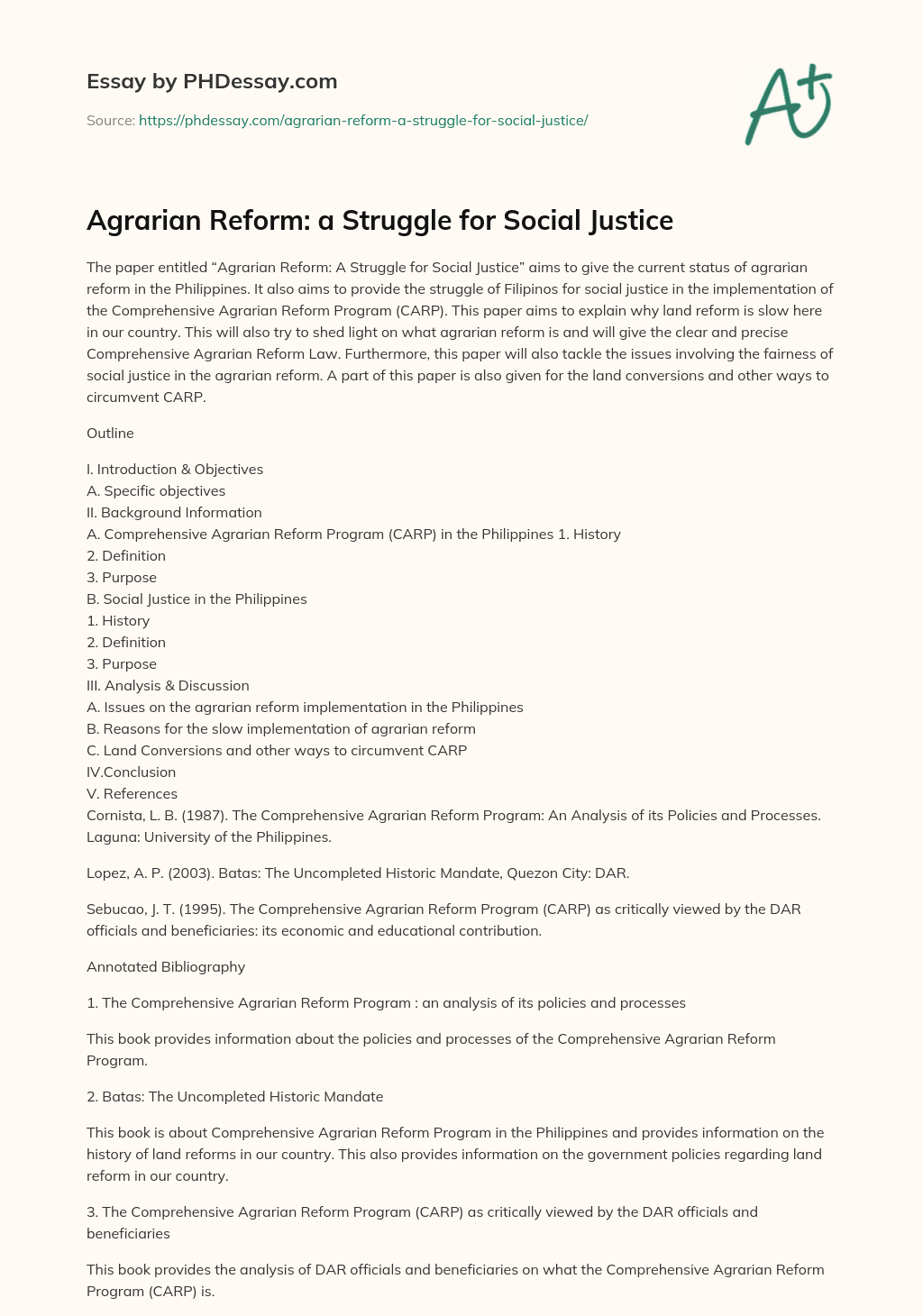 Agrarian Reform: a Struggle for Social Justice essay