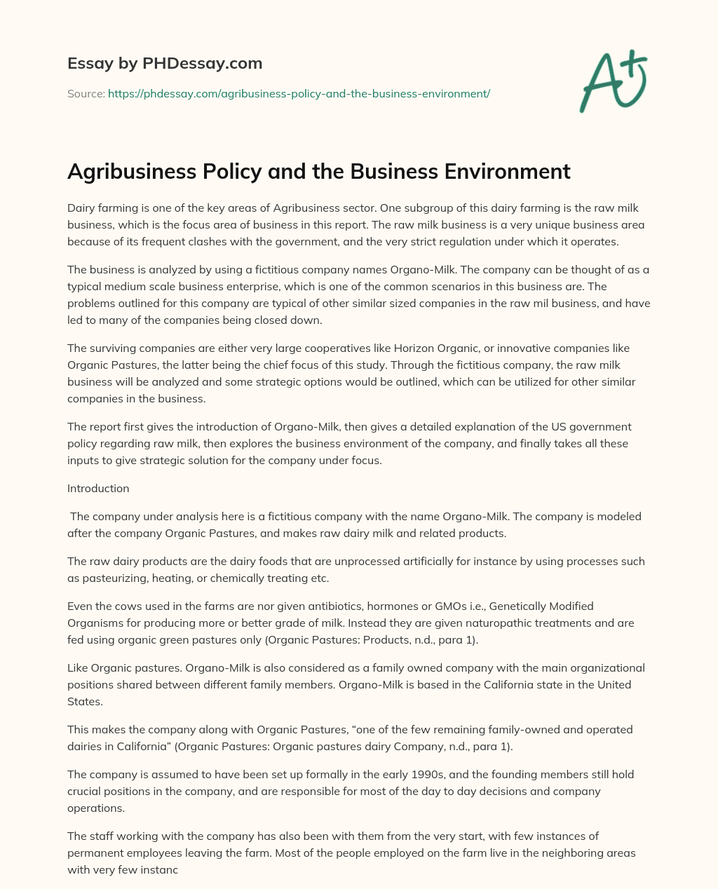 Agribusiness Policy and the Business Environment essay