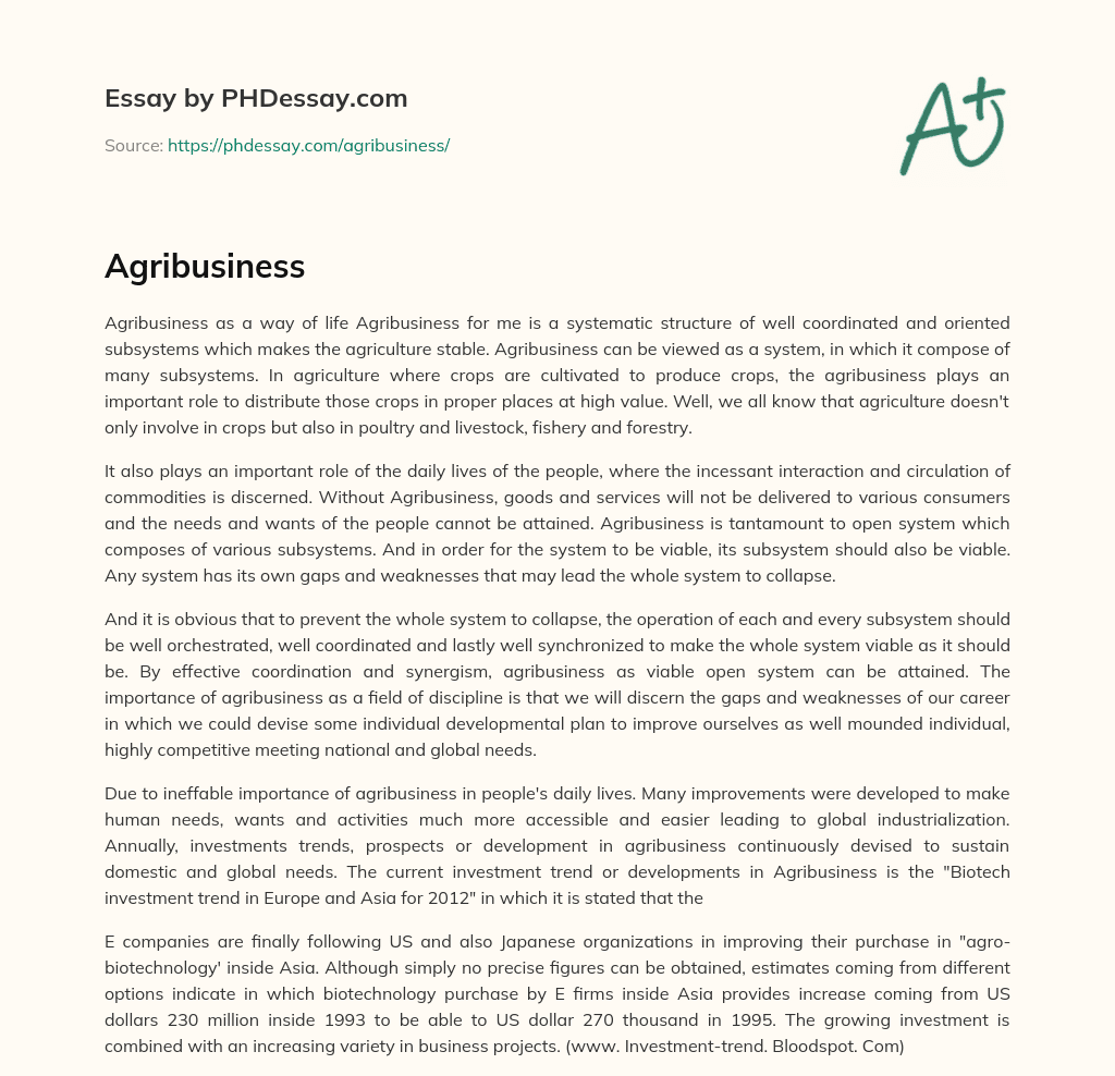 Agribusiness: A Systematic Structure for Stable Agriculture essay