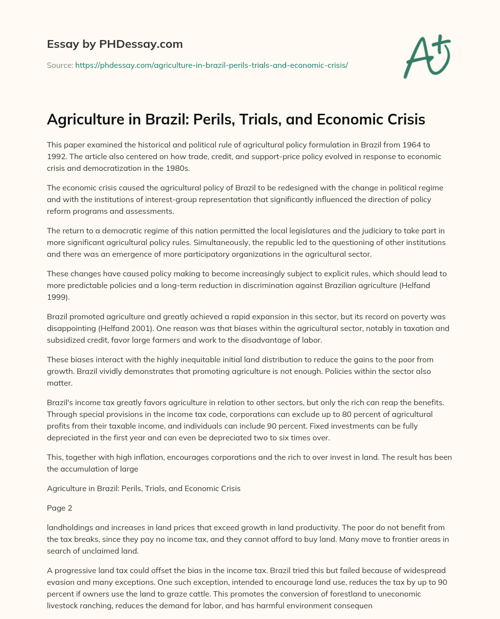 Agriculture in Brazil: Perils, Trials, and Economic Crisis essay