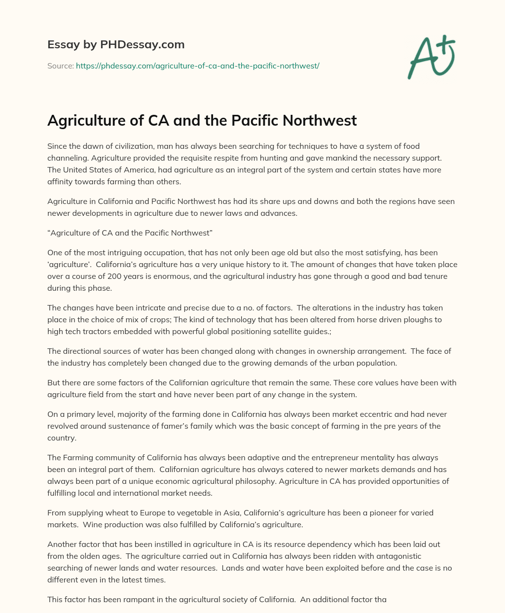 Agriculture of CA and the Pacific Northwest essay