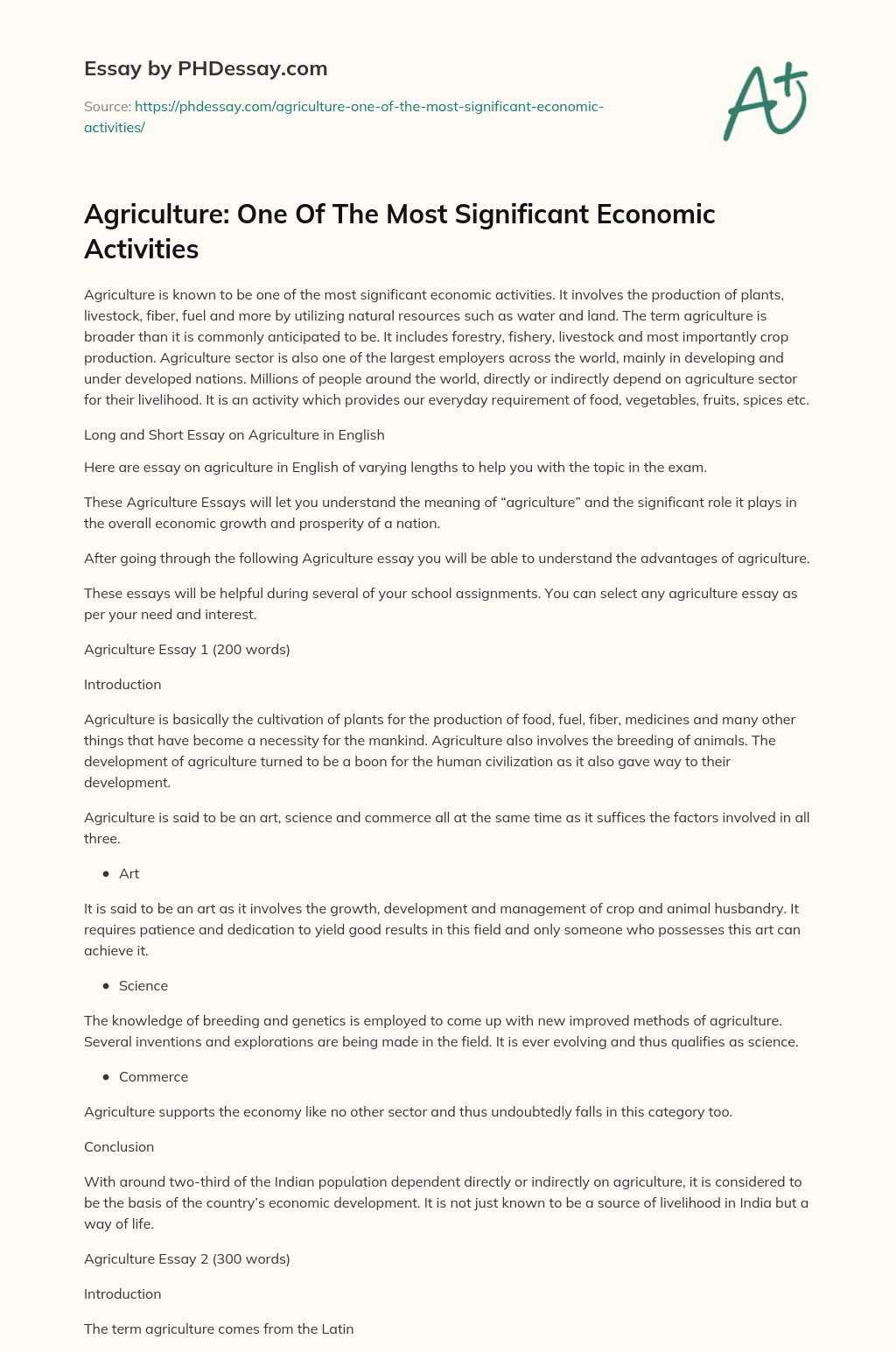 Agriculture: One Of The Most Significant Economic Activities essay