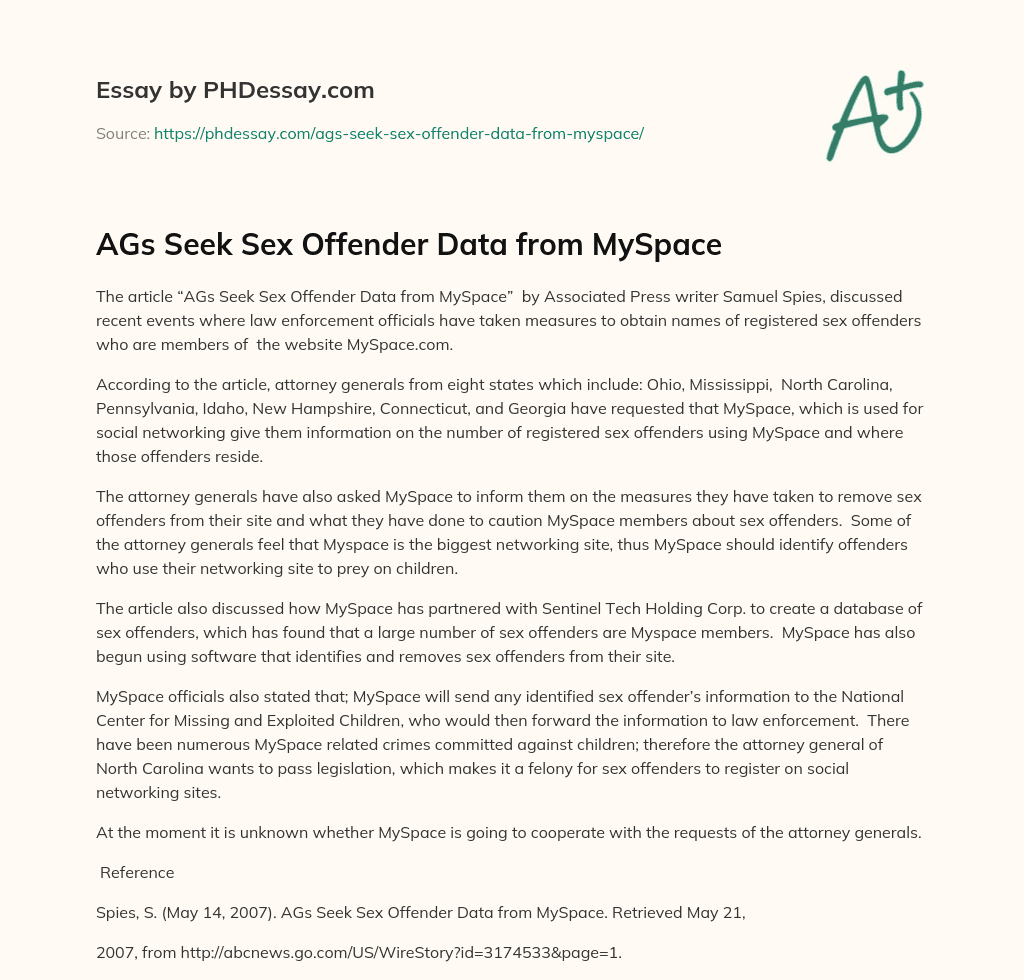 AGs Seek Sex Offender Data from MySpace essay