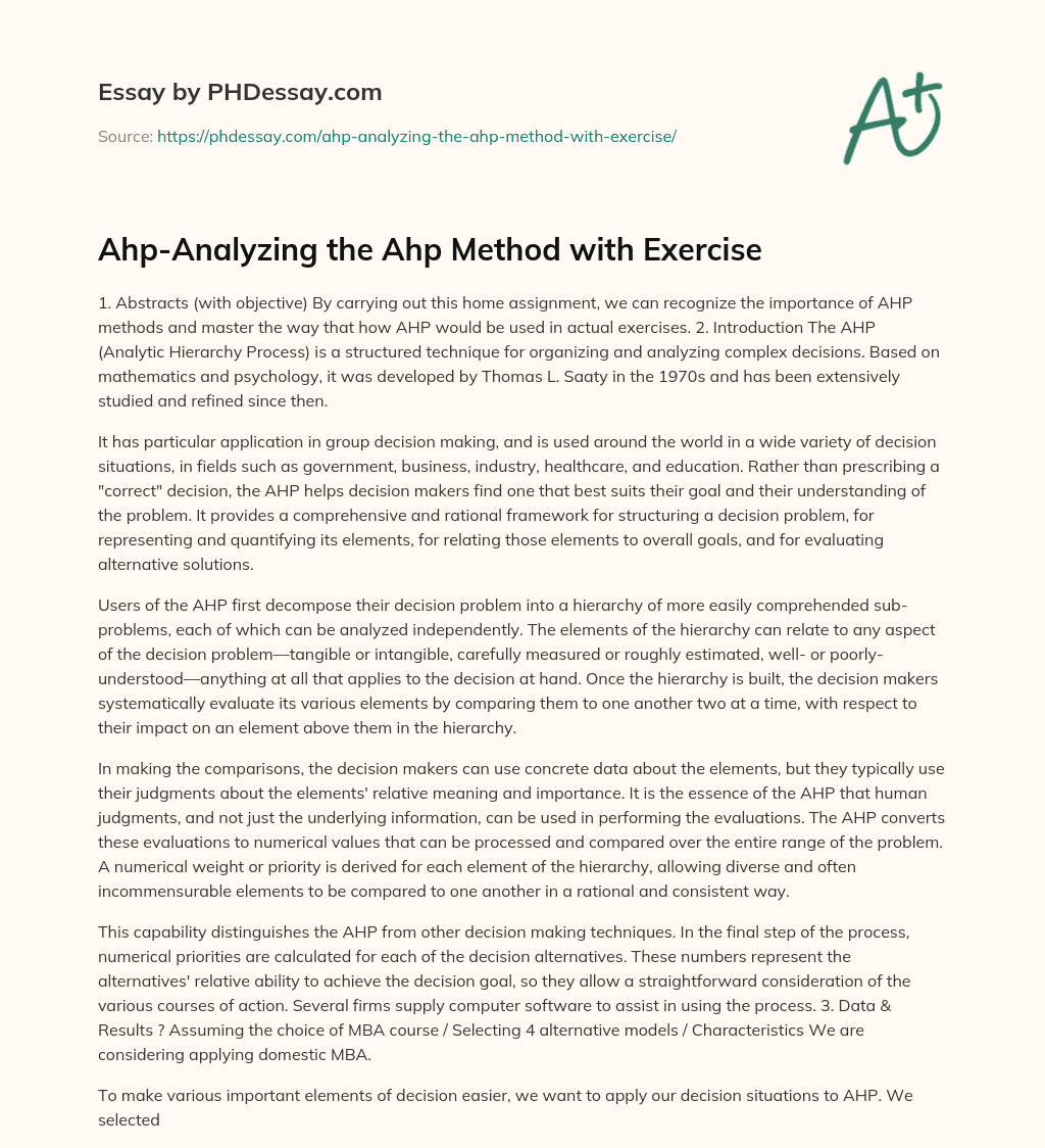 Ahp-Analyzing the Ahp Method with Exercise essay