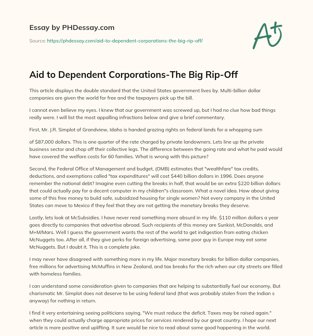 Aid to Dependent Corporations-The Big Rip-Off essay