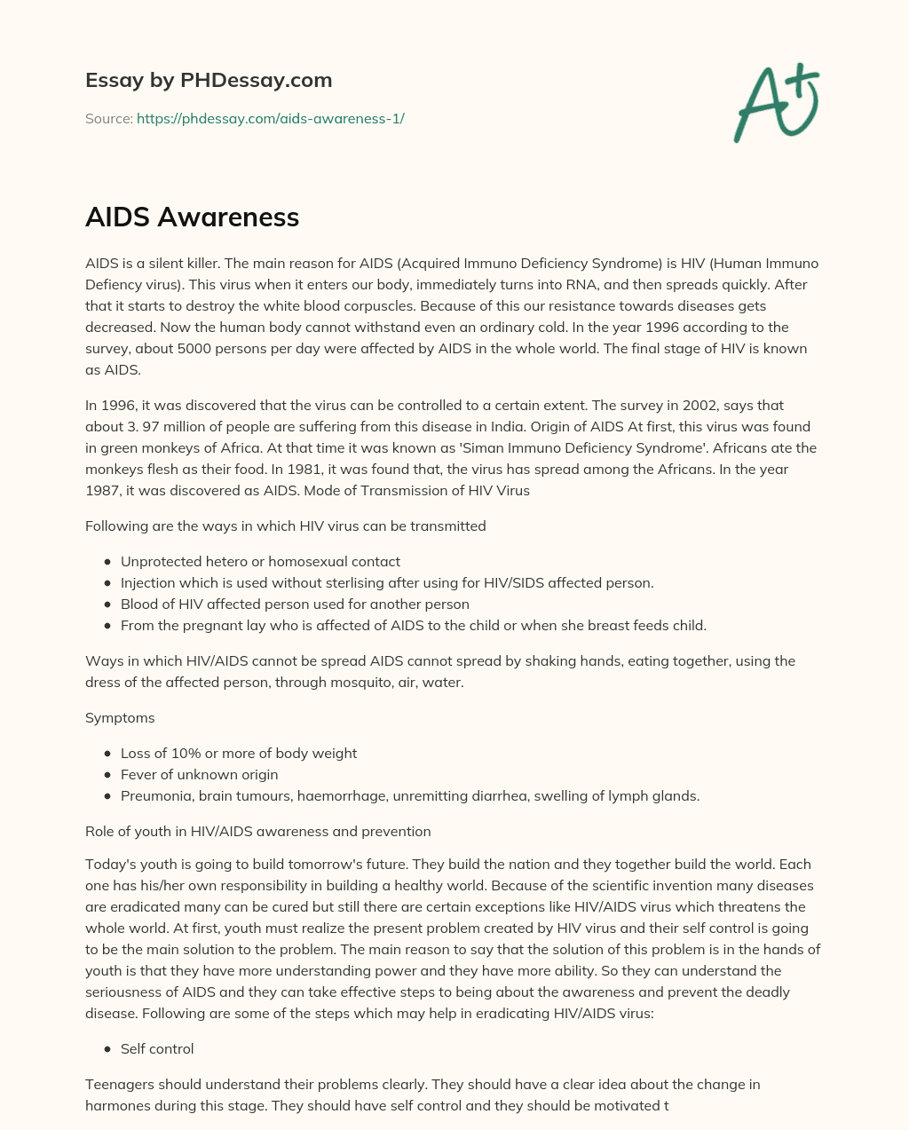 AIDS Awareness essay