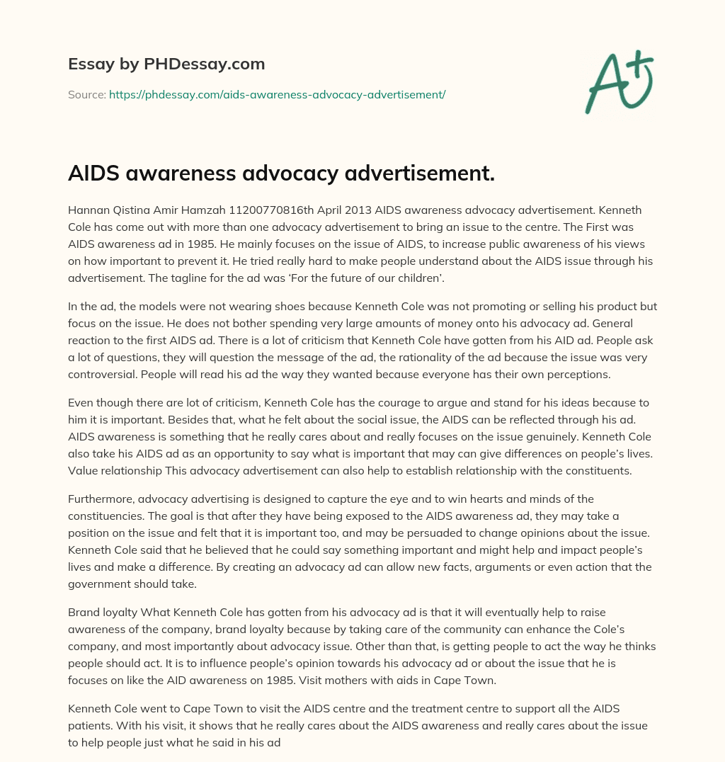 AIDS awareness advocacy advertisement. essay