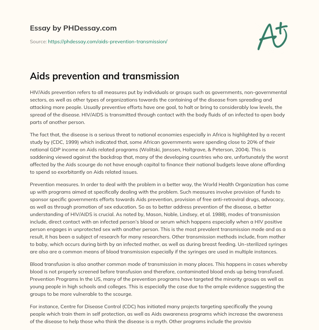 Aids prevention and transmission essay