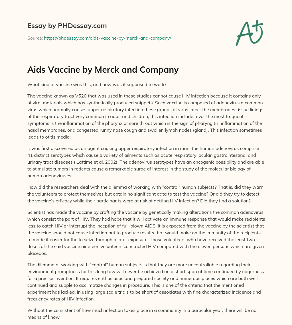 Aids Vaccine by Merck and Company essay