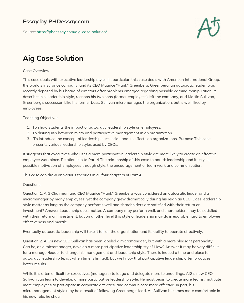 Aig Case Solution essay