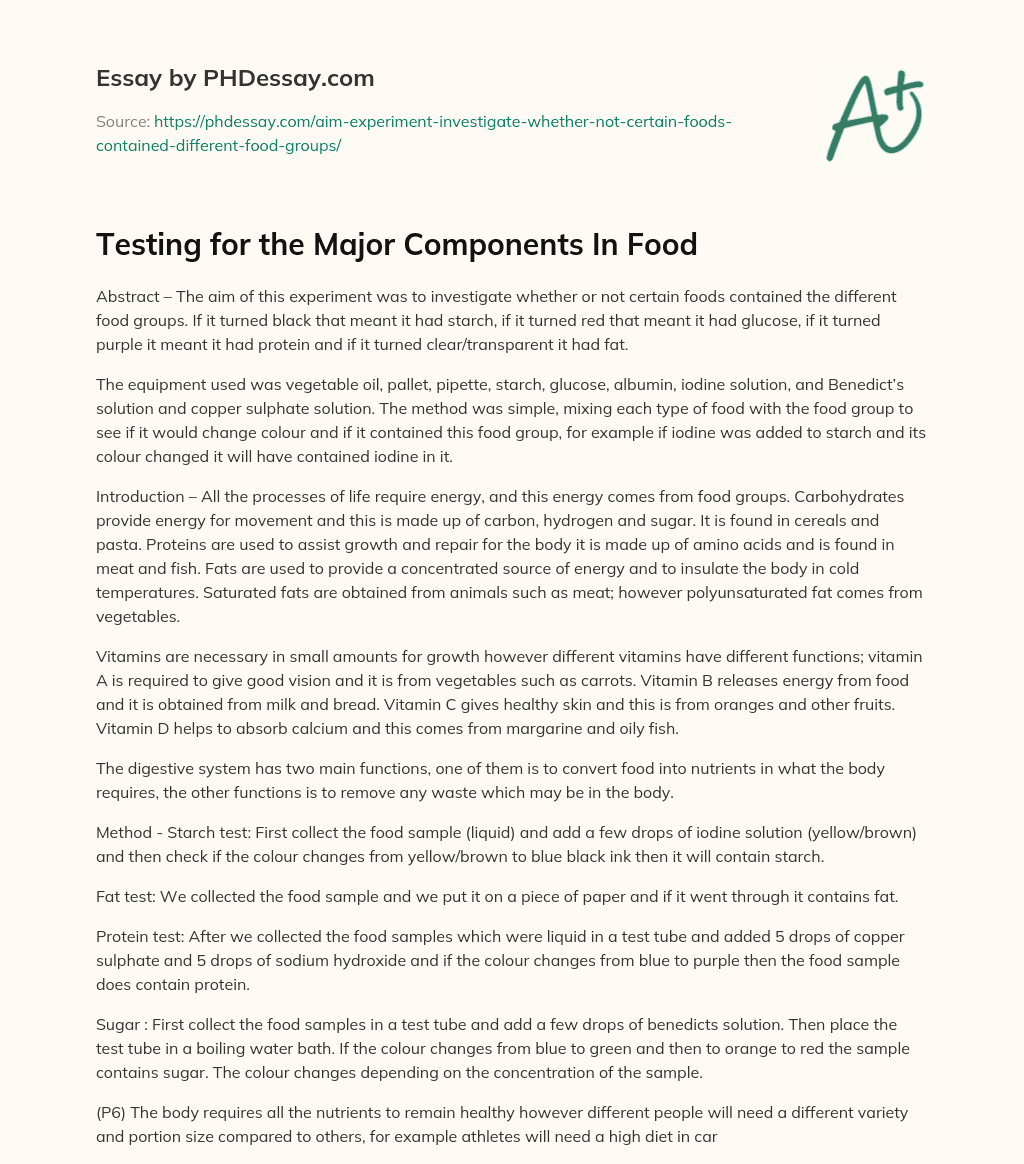 Testing for the Major Components In Food essay