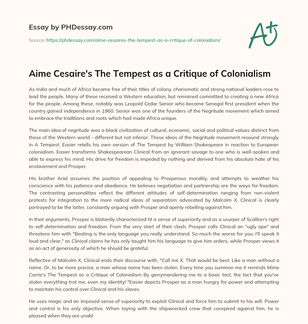 Aime Cesaire’s The Tempest as a Critique of Colonialism essay