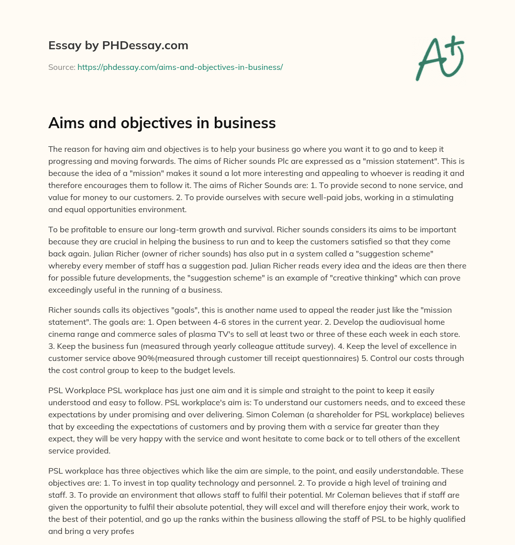 Aims and objectives in business essay