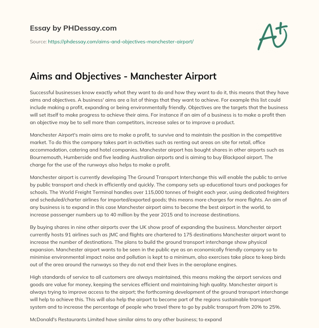 Aims and Objectives – Manchester Airport essay