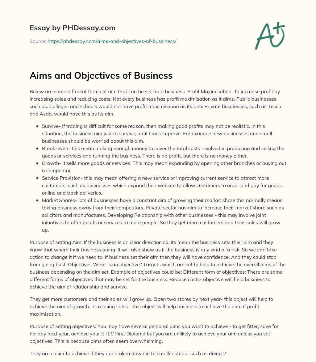 an essay about business objectives