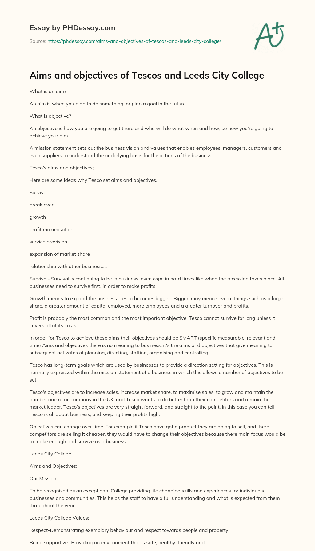Aims and objectives of Tescos and Leeds City College essay
