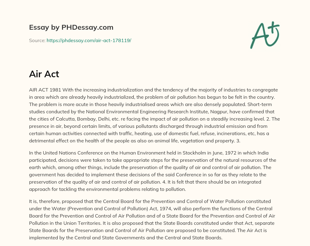 Air Act 1981: Addressing the Impact of Air Pollution on Health and Environment in India essay