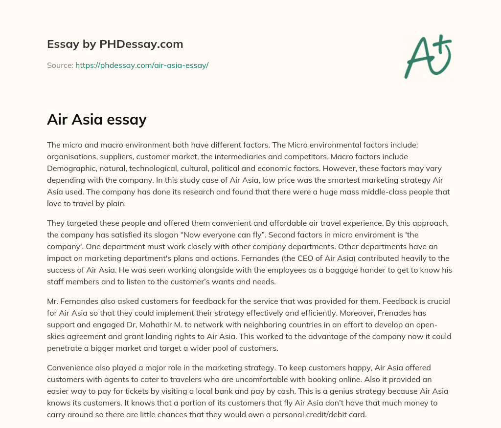 Air Asia’s Marketing Strategy and Micro/Macro Environmental Factors essay