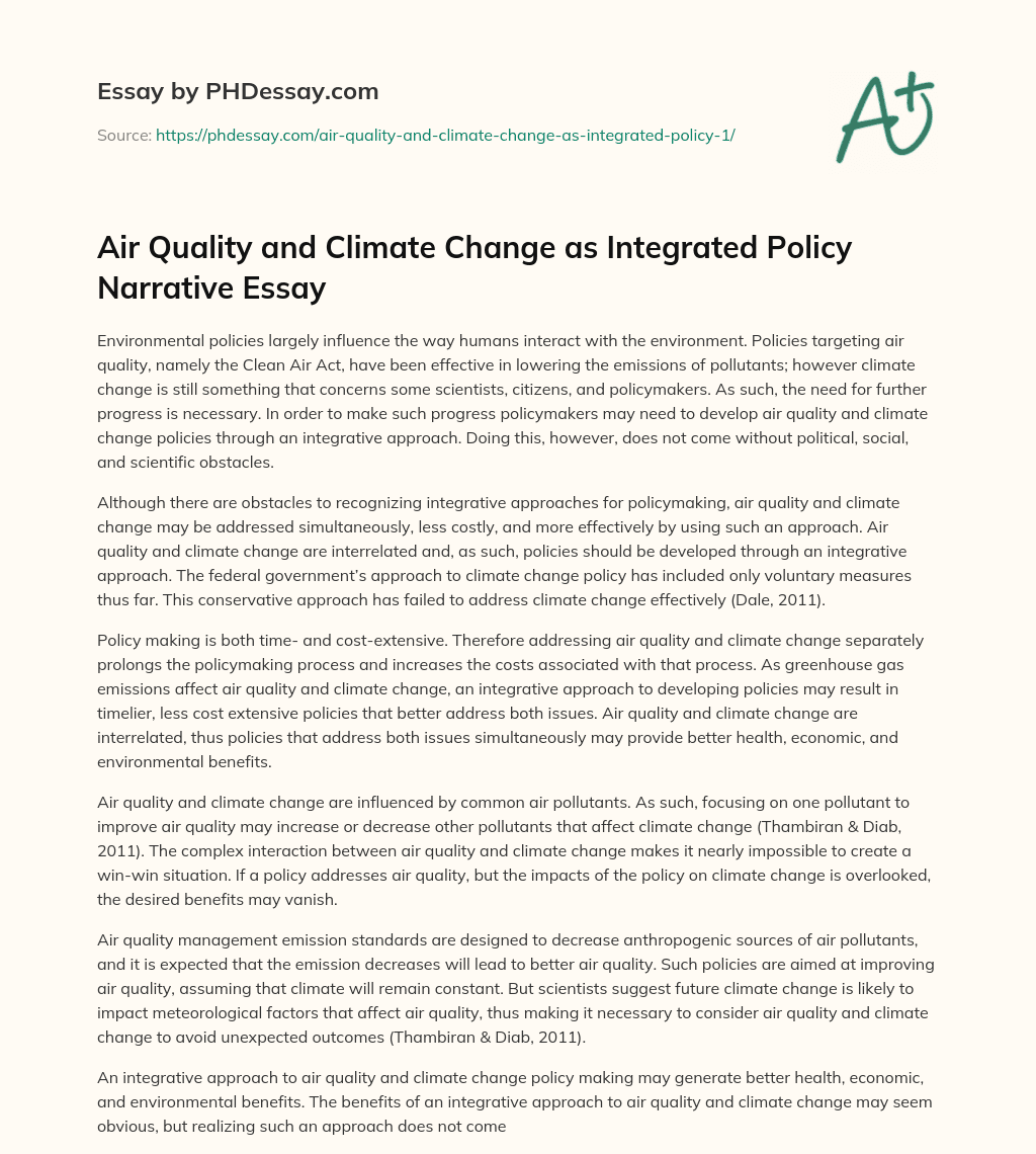 Air Quality and Climate Change as Integrated Policy Narrative Essay essay