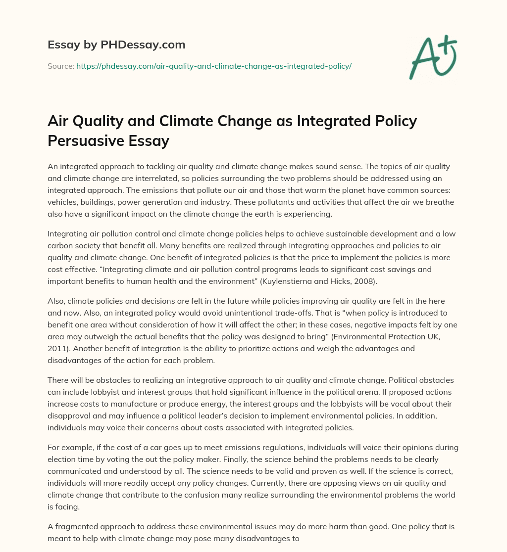 Air Quality and Climate Change as Integrated Policy Persuasive Essay essay