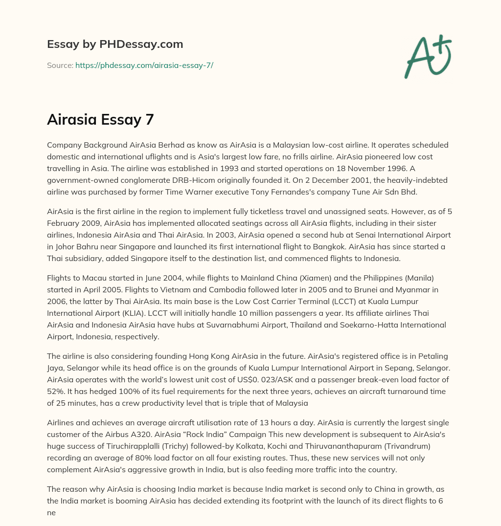 AirAsia: Malaysia’s Pioneering Low-Cost Airline essay