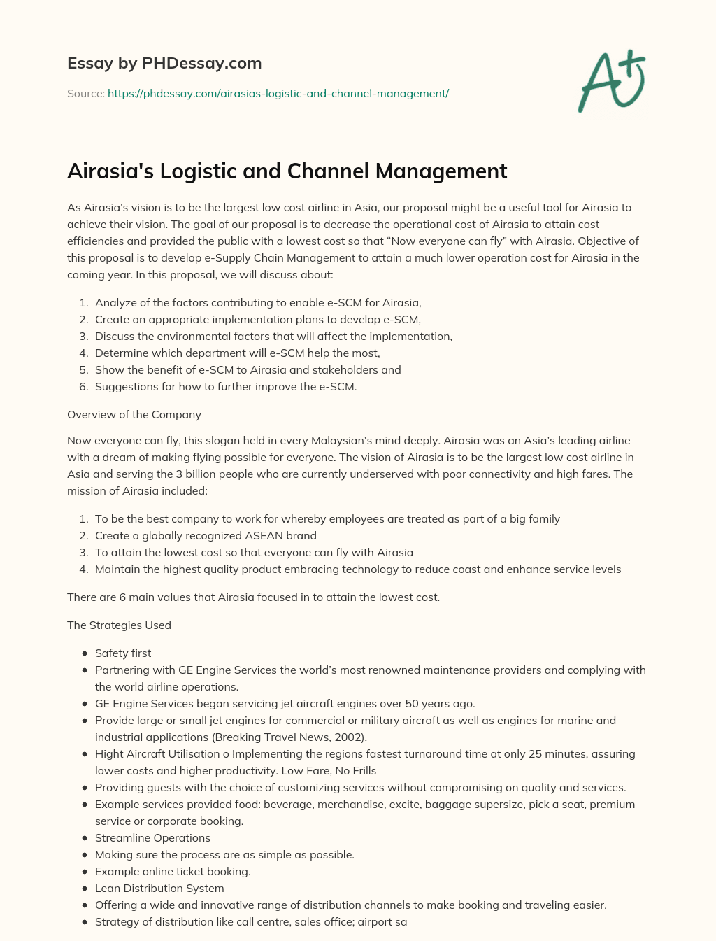 Airasia’s Logistic and Channel Management essay