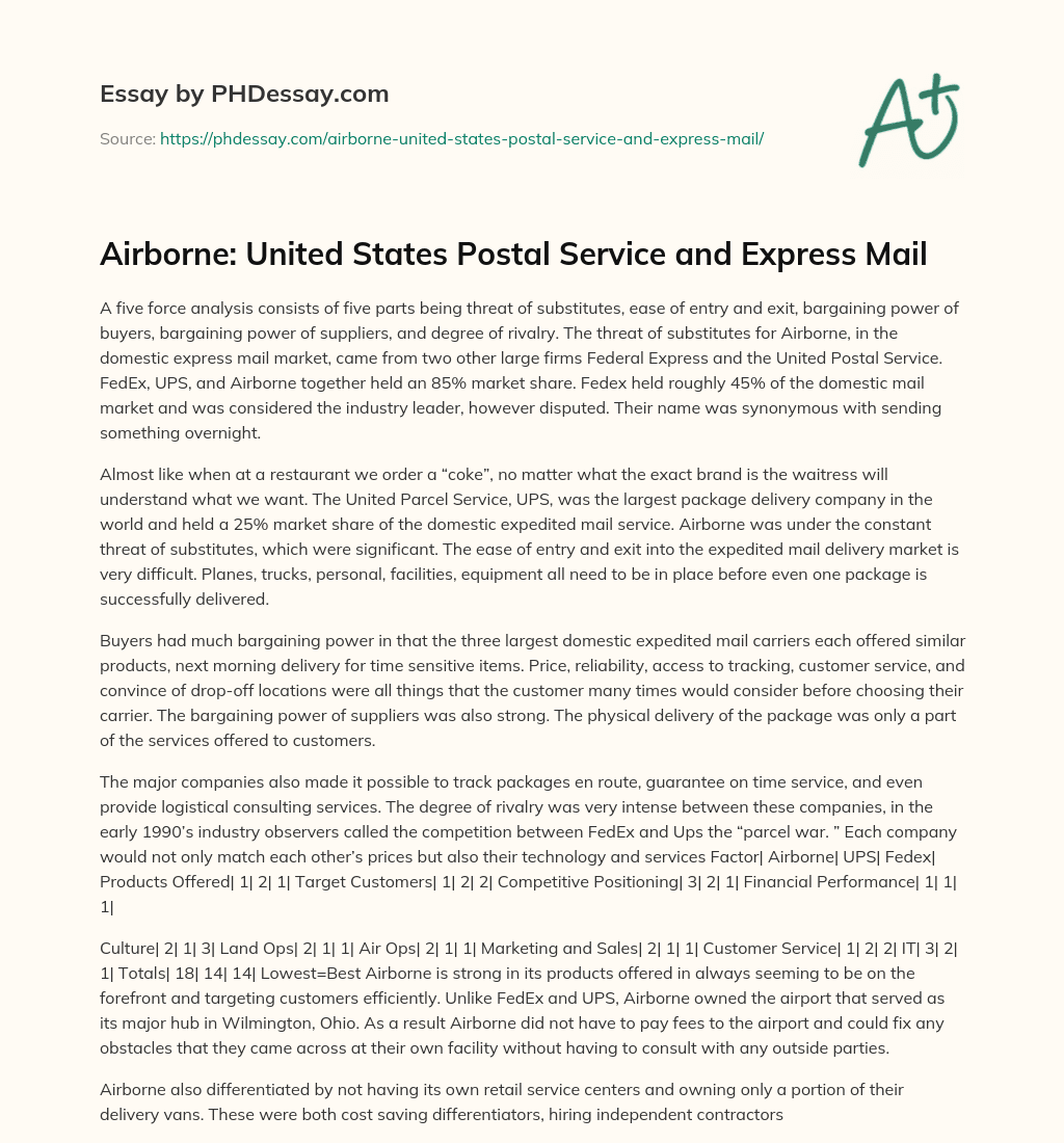 Airborne: United States Postal Service and Express Mail essay