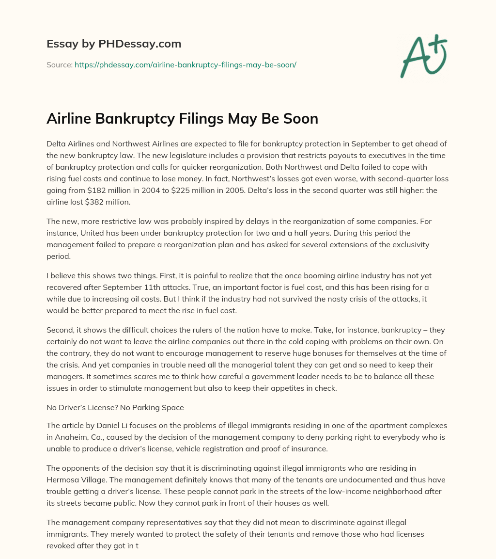 Airline Bankruptcy Filings May Be Soon essay