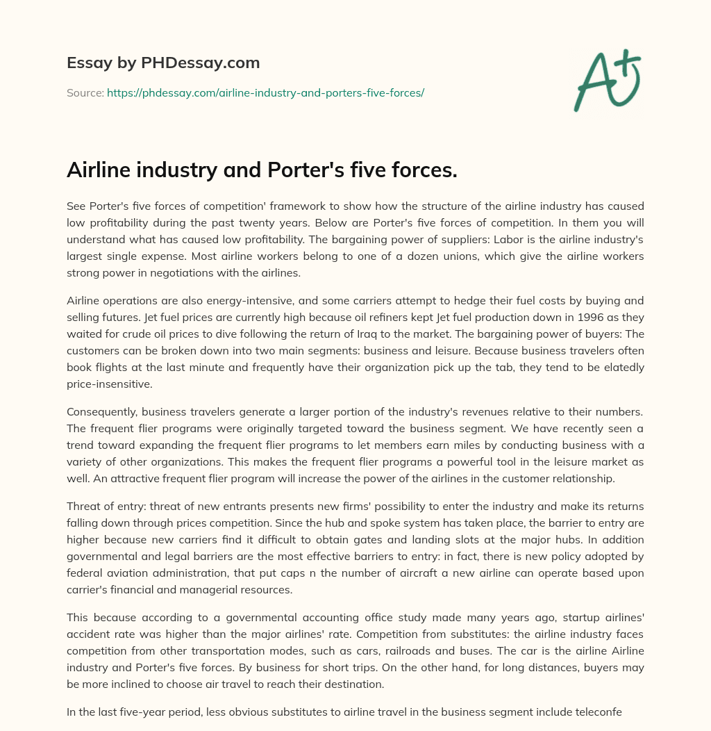 Airline industry and Porter’s five forces. essay