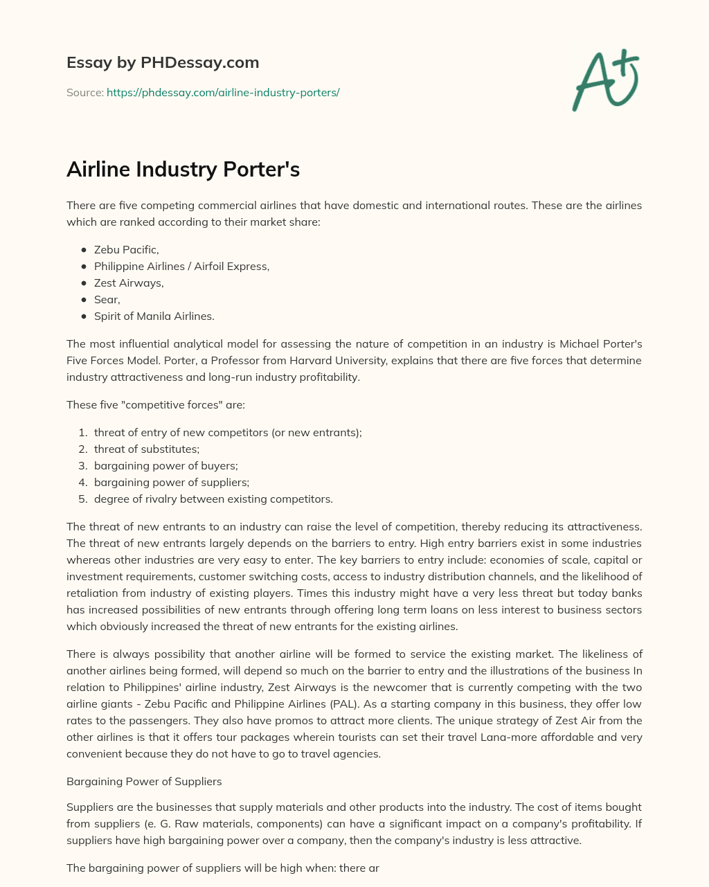 Airline Industry Porter’s essay
