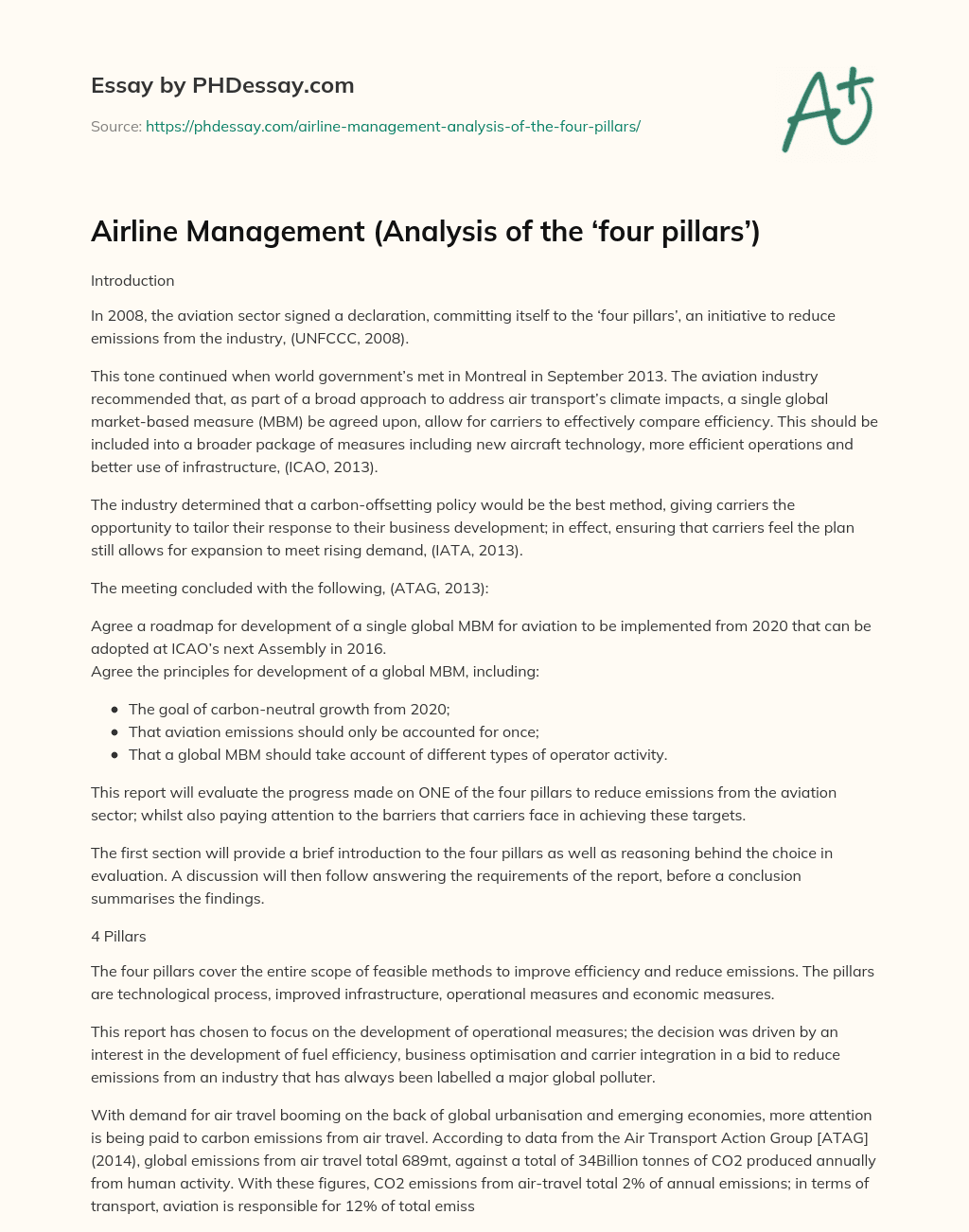 Airline Management (Analysis of the ‘four pillars’) essay
